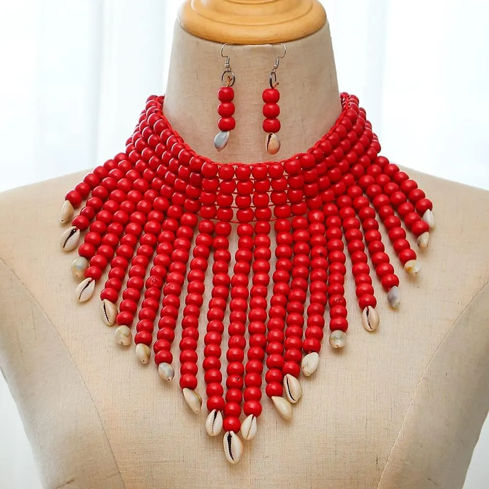 COLORFUL BLING Chunky Wooden Beaded Seed Bib Collar Necklace Boho Layered Africa Wood Shell Strand Choker Necklace Jewelry Set for Women