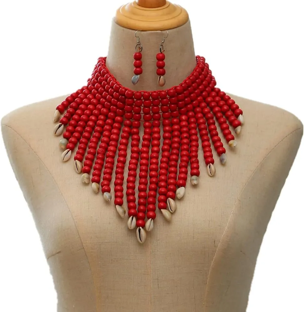 COLORFUL BLING Chunky Wooden Beaded Seed Bib Collar Necklace Boho Layered Africa Wood Shell Strand Choker Necklace Jewelry Set for Women