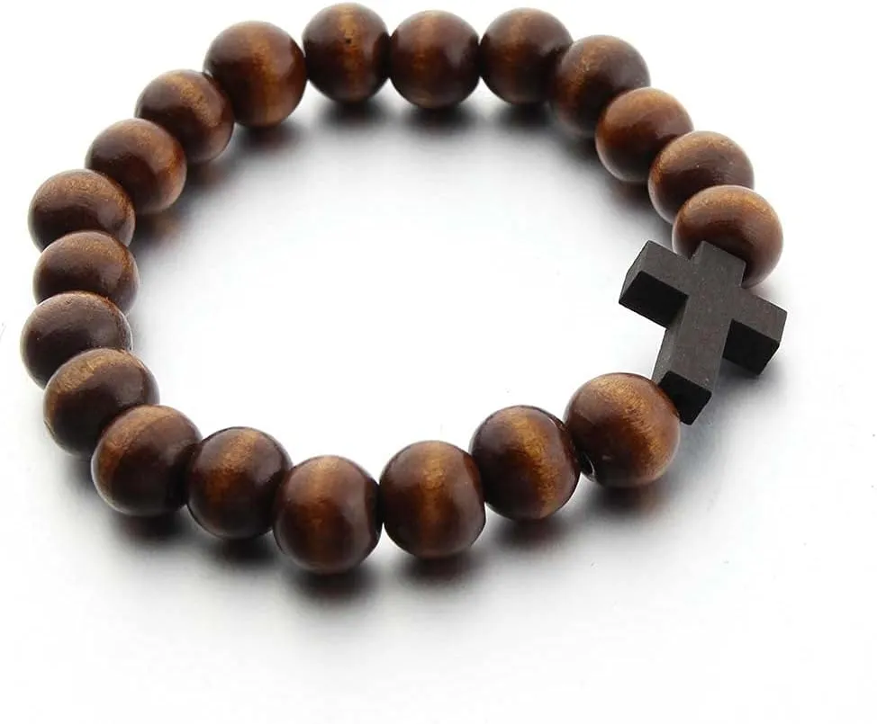 COLORFUL BLING Fashion Religious 10MM Wooden Beads Cross Bracelet for Men Women Faith Prayer Handmade Catholic Jewelry