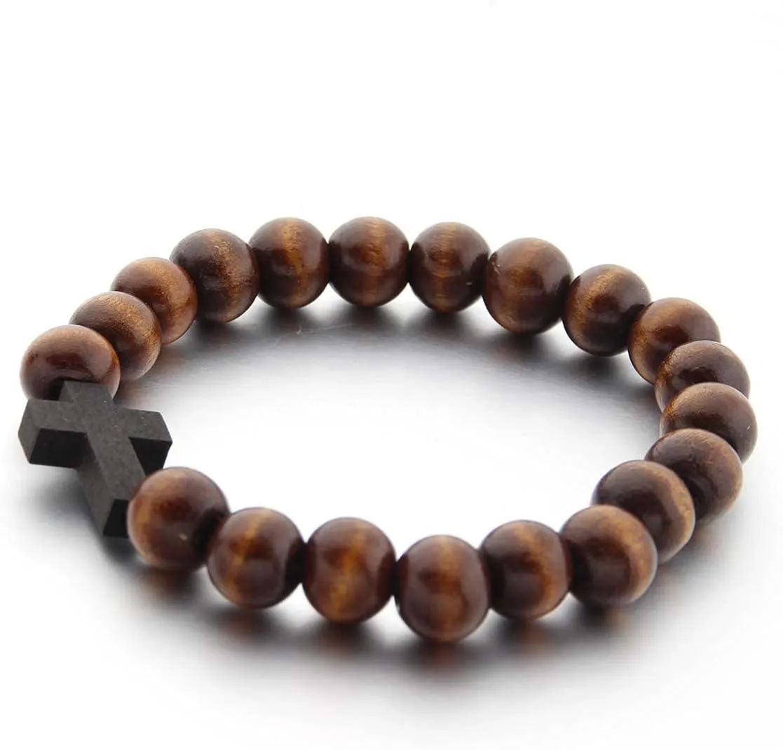 COLORFUL BLING Fashion Religious 10MM Wooden Beads Cross Bracelet for Men Women Faith Prayer Handmade Catholic Jewelry