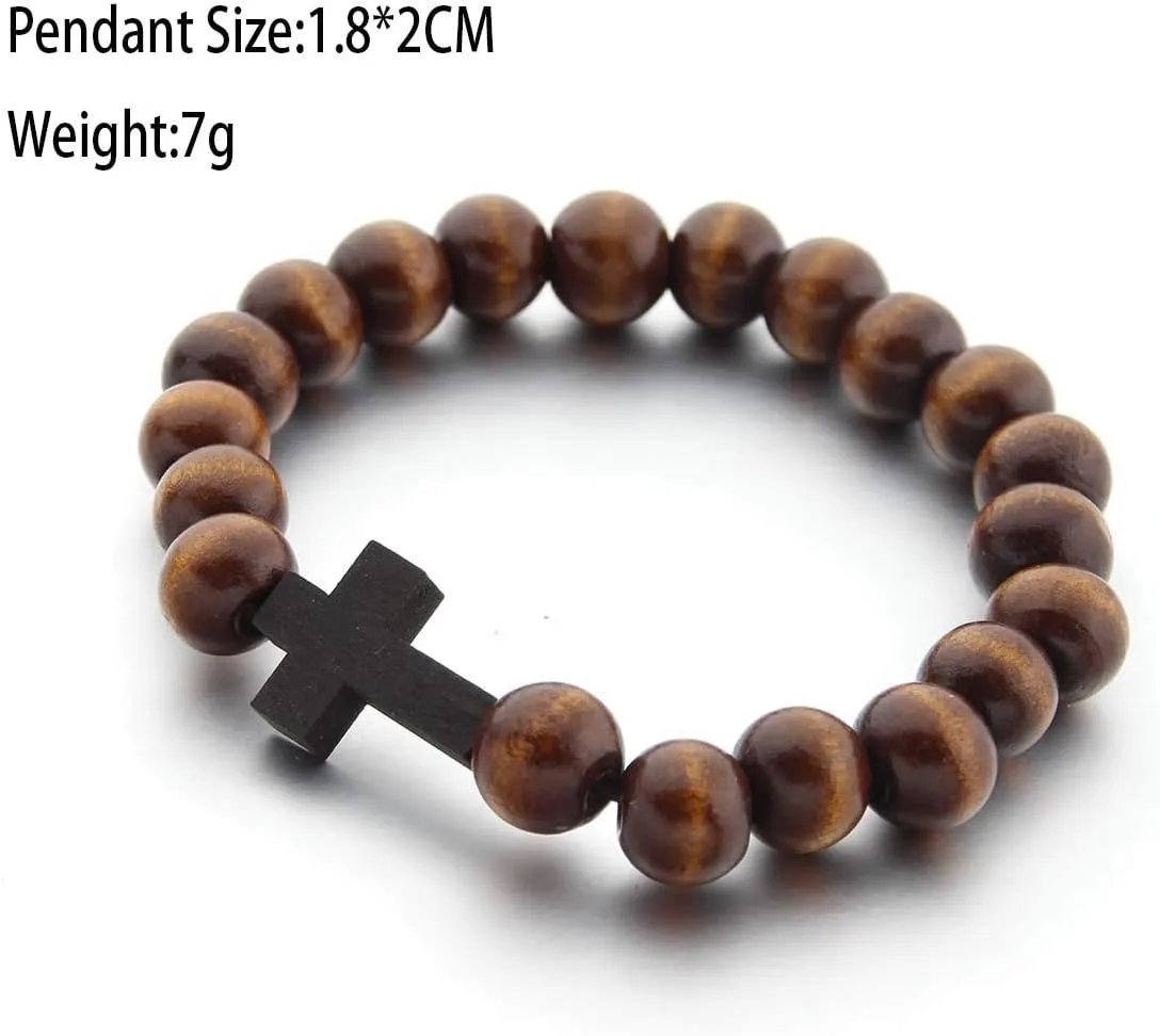 COLORFUL BLING Fashion Religious 10MM Wooden Beads Cross Bracelet for Men Women Faith Prayer Handmade Catholic Jewelry