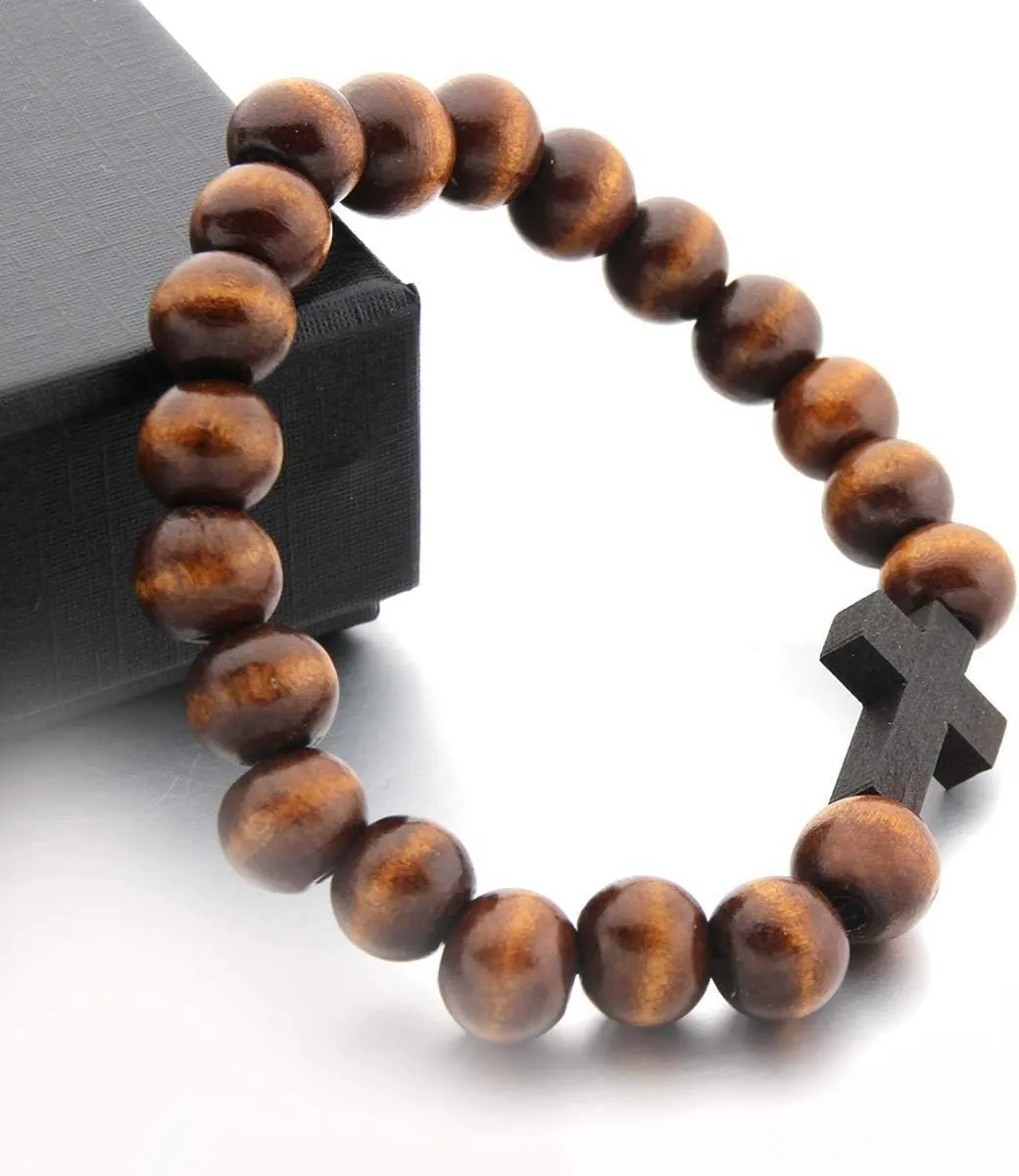 COLORFUL BLING Fashion Religious 10MM Wooden Beads Cross Bracelet for Men Women Faith Prayer Handmade Catholic Jewelry