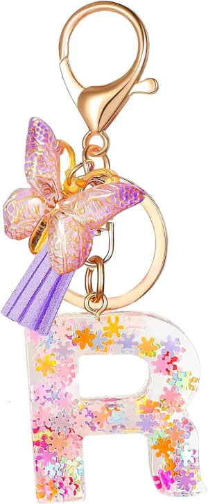 COLORFUL BLING Glitter Snowflakes Alphabet Butterfly Initial letter Keychain for Women Girls Bag Car Key Chain