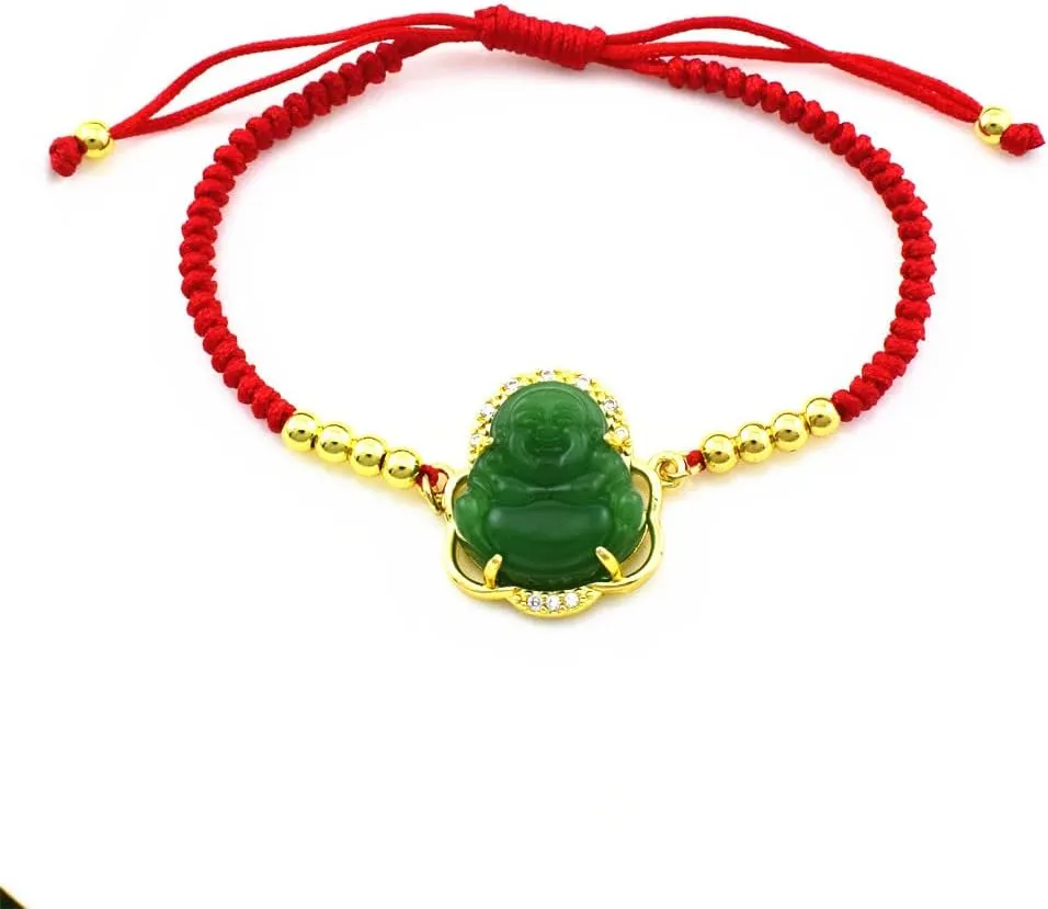 COLORFUL BLING Lucky Laughing Buddha Charm Pendant Charm Bracelet Jade Natural Stone Red Braid String Thread Rope Crystal CZ Zirconia for Women Men Gemstone Amulet Protection Jewelry
