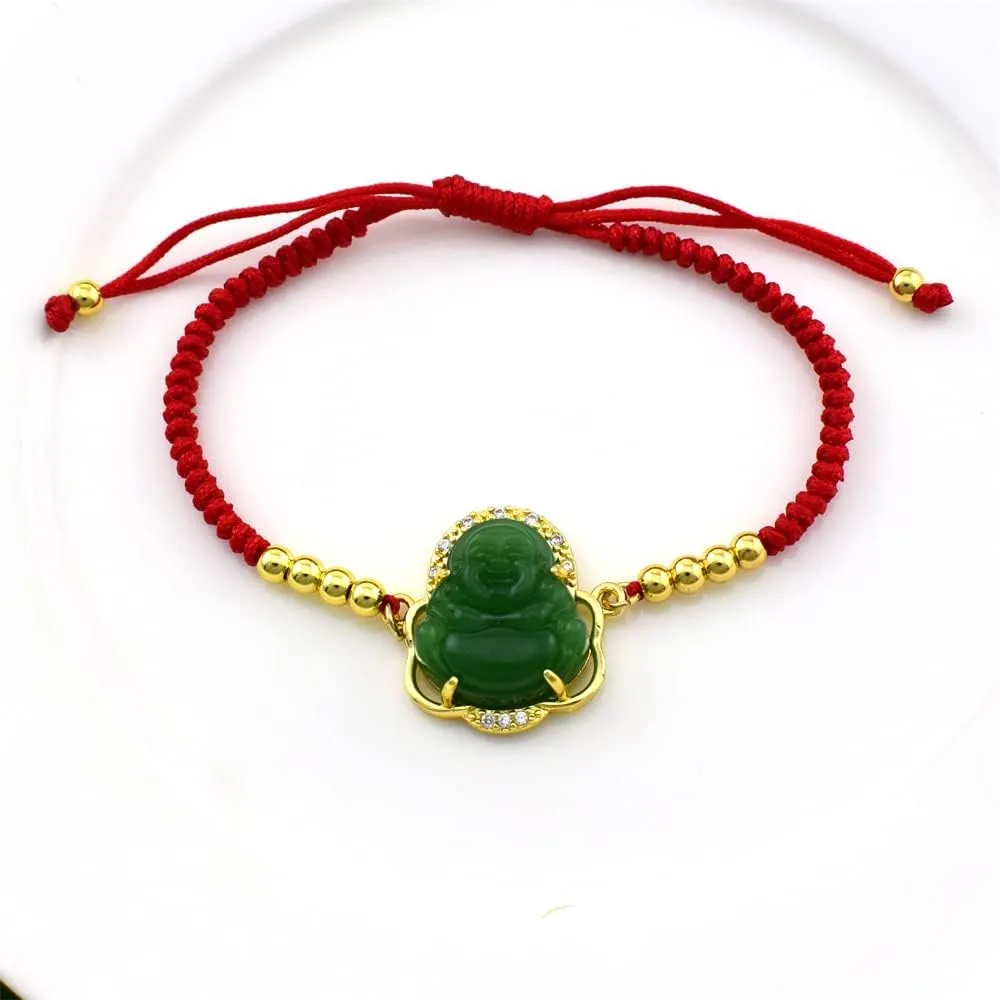 COLORFUL BLING Lucky Laughing Buddha Charm Pendant Charm Bracelet Jade Natural Stone Red Braid String Thread Rope Crystal CZ Zirconia for Women Men Gemstone Amulet Protection Jewelry