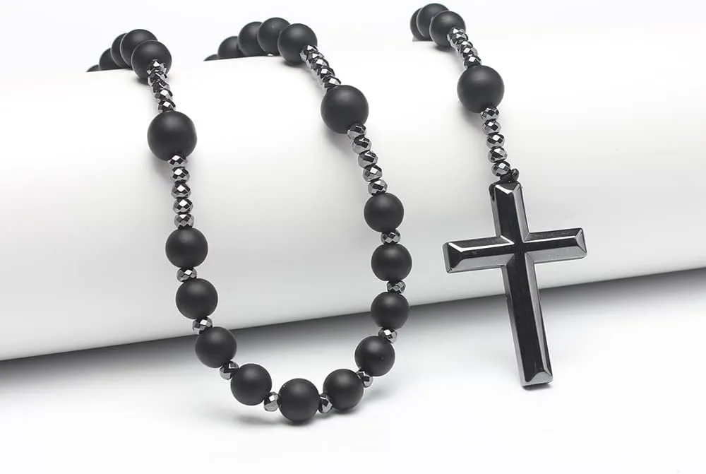 COLORFUL BLING Natural Stone Tiger Eye Black Stone Rosary Cross Pendant Christ Catholic Prayer Necklace for Men Religious Jewelry