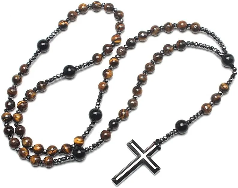 COLORFUL BLING Natural Stone Tiger Eye Black Stone Rosary Cross Pendant Christ Catholic Prayer Necklace for Men Religious Jewelry