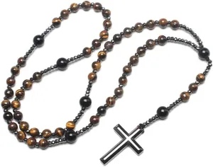 COLORFUL BLING Natural Stone Tiger Eye Black Stone Rosary Cross Pendant Christ Catholic Prayer Necklace for Men Religious Jewelry