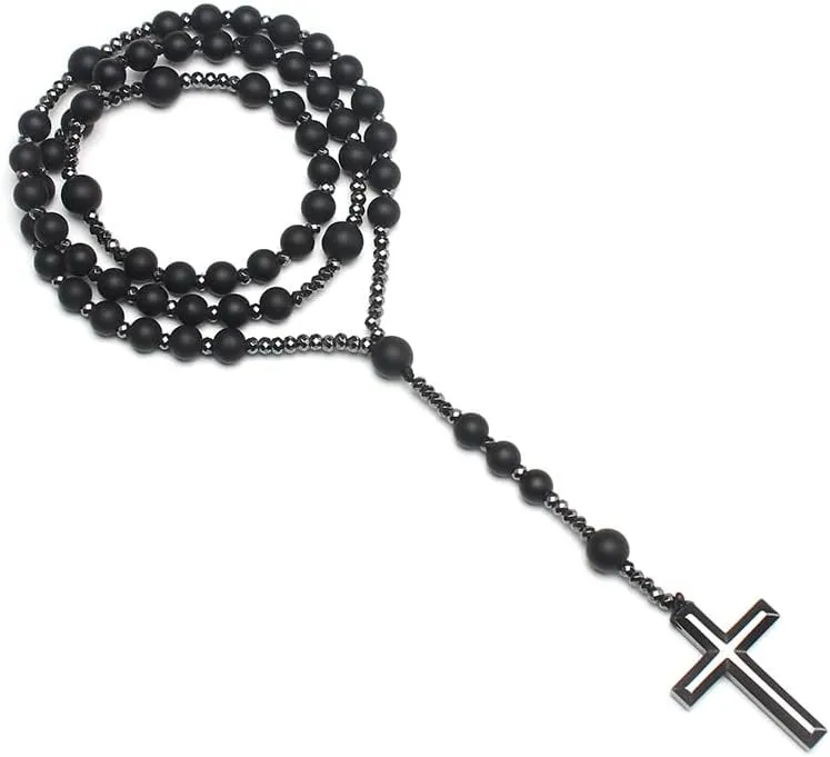 COLORFUL BLING Natural Stone Tiger Eye Black Stone Rosary Cross Pendant Christ Catholic Prayer Necklace for Men Religious Jewelry