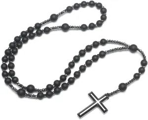 COLORFUL BLING Natural Stone Tiger Eye Black Stone Rosary Cross Pendant Christ Catholic Prayer Necklace for Men Religious Jewelry