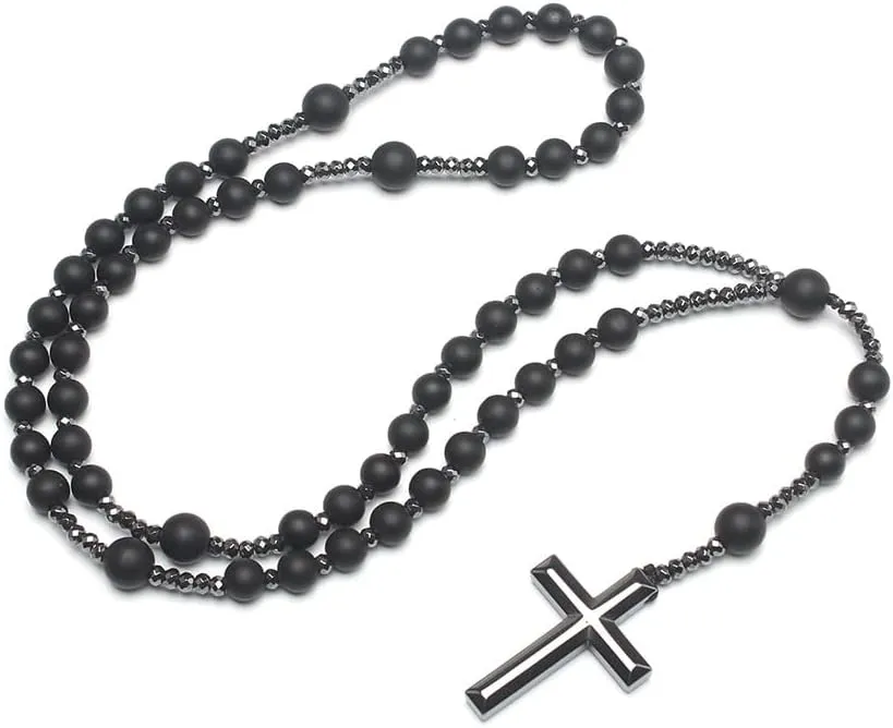 COLORFUL BLING Natural Stone Tiger Eye Black Stone Rosary Cross Pendant Christ Catholic Prayer Necklace for Men Religious Jewelry