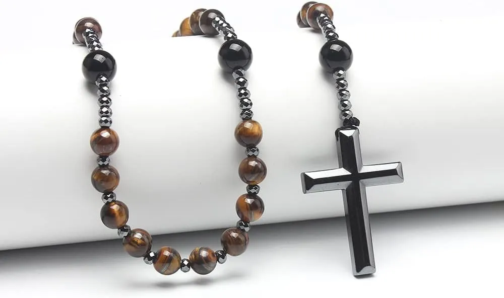 COLORFUL BLING Natural Stone Tiger Eye Black Stone Rosary Cross Pendant Christ Catholic Prayer Necklace for Men Religious Jewelry