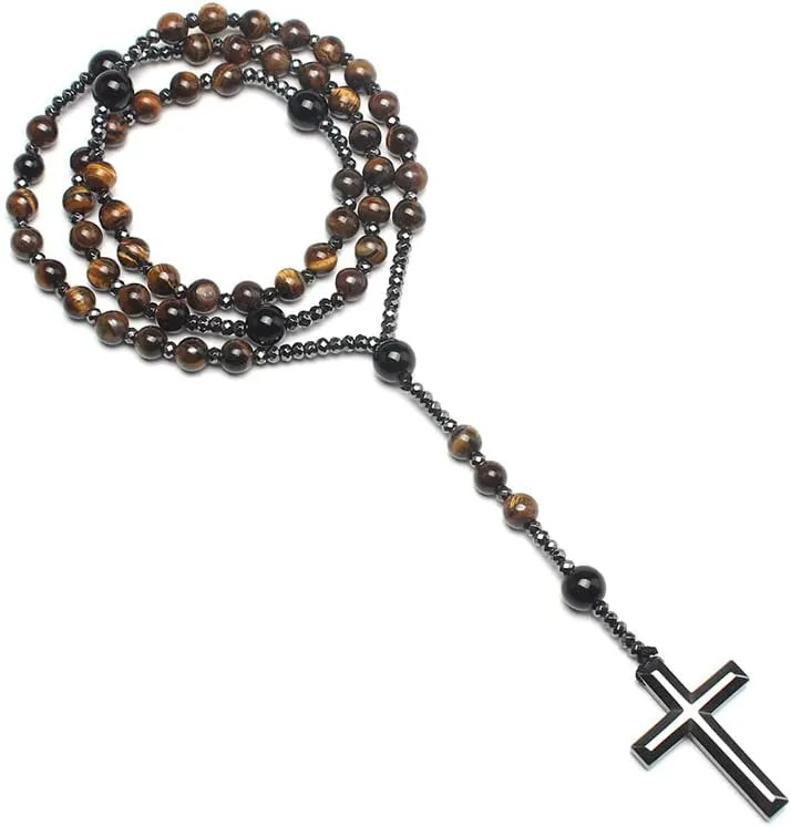 COLORFUL BLING Natural Stone Tiger Eye Black Stone Rosary Cross Pendant Christ Catholic Prayer Necklace for Men Religious Jewelry