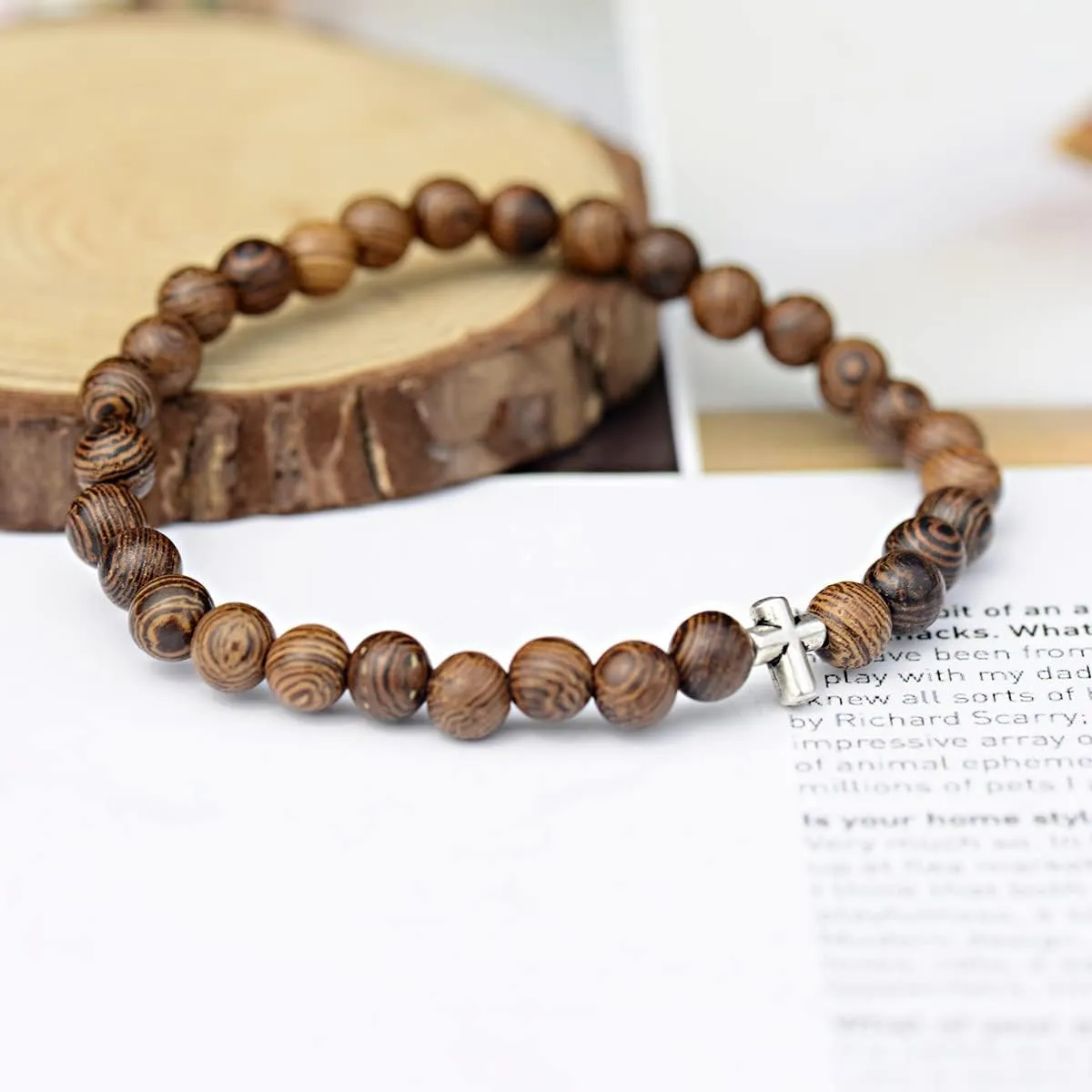 COLORFUL BLING Wood Beaded Cross Stretch Rosary Bracelet for Men First Communion Religious Cross Statement Wrist Bangle Faith Prayer Jewelry