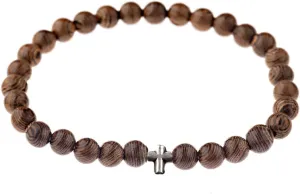 COLORFUL BLING Wood Beaded Cross Stretch Rosary Bracelet for Men First Communion Religious Cross Statement Wrist Bangle Faith Prayer Jewelry