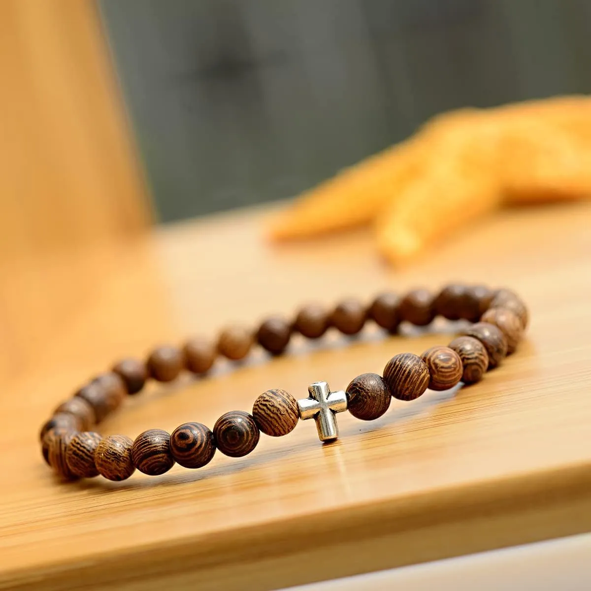 COLORFUL BLING Wood Beaded Cross Stretch Rosary Bracelet for Men First Communion Religious Cross Statement Wrist Bangle Faith Prayer Jewelry