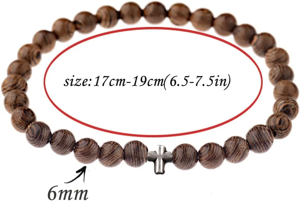 COLORFUL BLING Wood Beaded Cross Stretch Rosary Bracelet for Men First Communion Religious Cross Statement Wrist Bangle Faith Prayer Jewelry