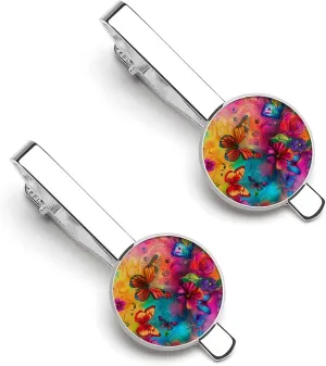 Colorful Butterflies Flowers Tie Clip Tack Pins Cufflinks Necktie Bar Pinch Business Wedding Clothing Accessories for Men Women