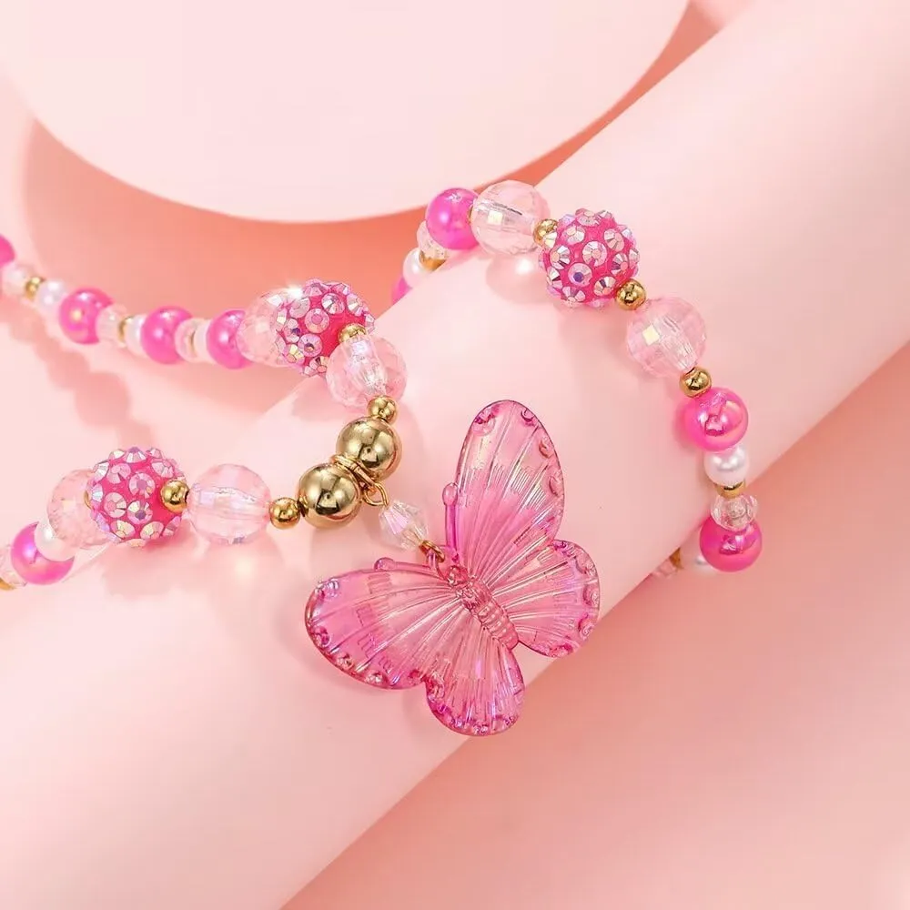 Colorful Crystal Beaded Butterfly Summer Beach Necklace Acrylic Butterfly Animal Necklace Bracelet Set for Women