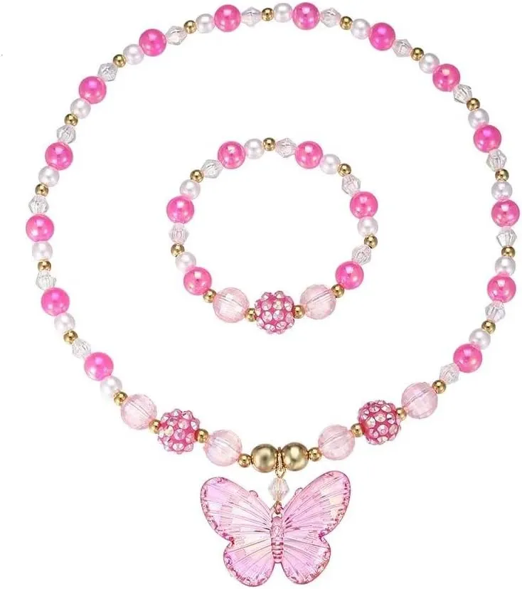 Colorful Crystal Beaded Butterfly Summer Beach Necklace Acrylic Butterfly Animal Necklace Bracelet Set for Women