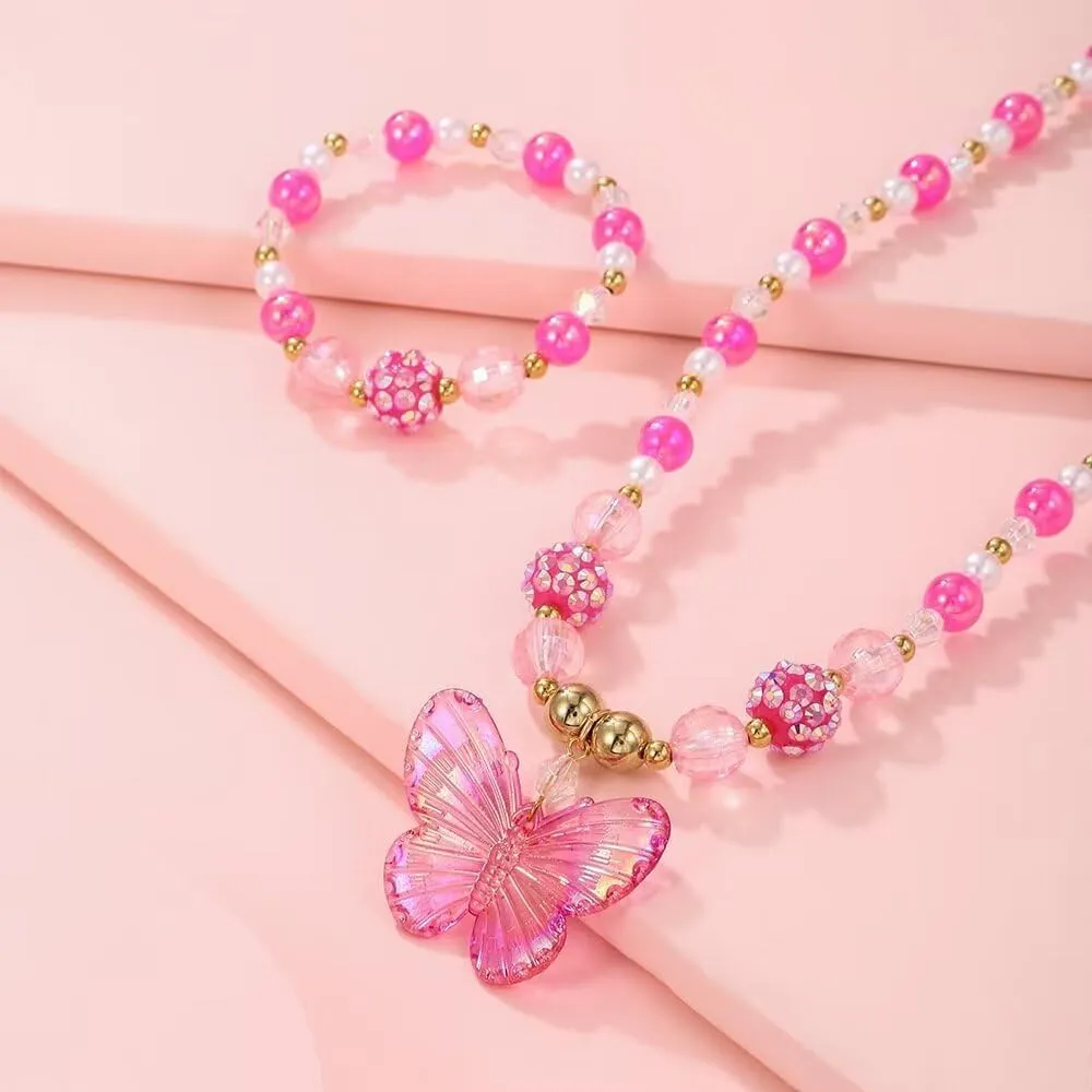 Colorful Crystal Beaded Butterfly Summer Beach Necklace Acrylic Butterfly Animal Necklace Bracelet Set for Women