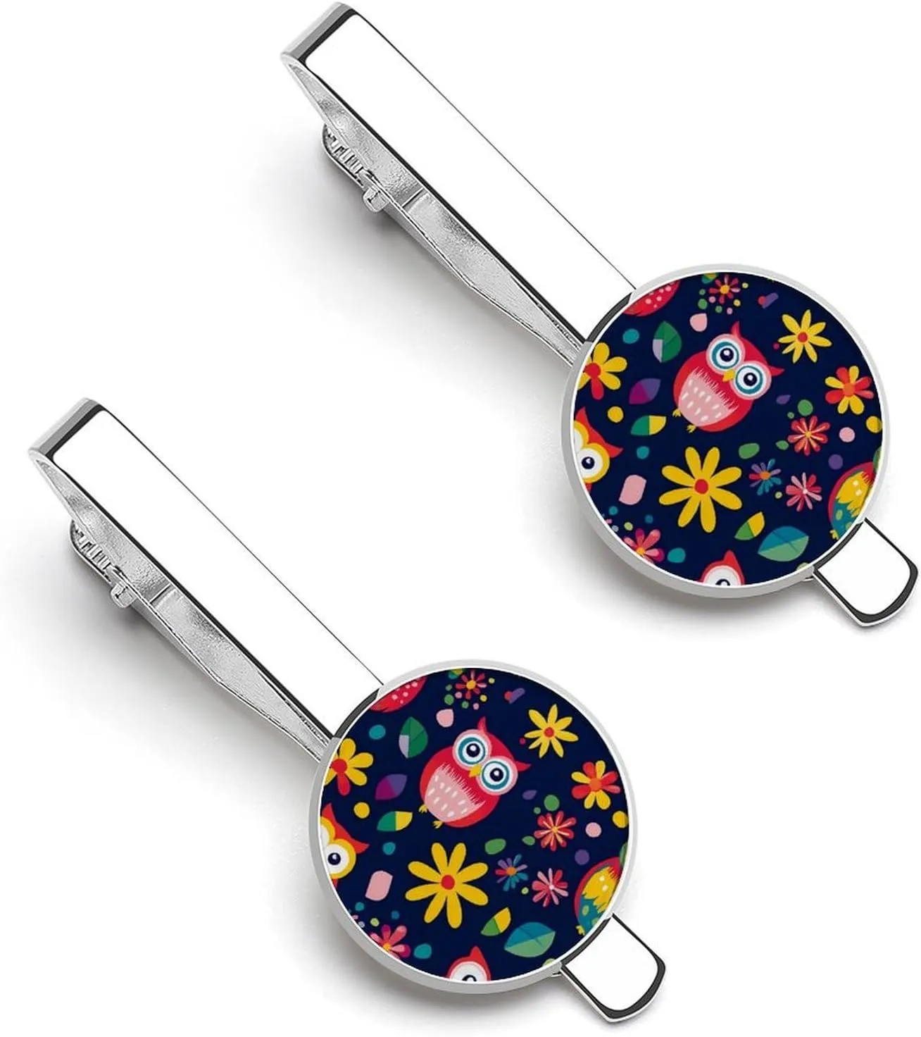 Colorful Owl And Flowers 1 Pair Tie Clips Necktie Bar Pinch Clip for Wedding Business
