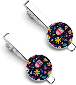 Colorful Owl And Flowers 1 Pair Tie Clips Necktie Bar Pinch Clip for Wedding Business
