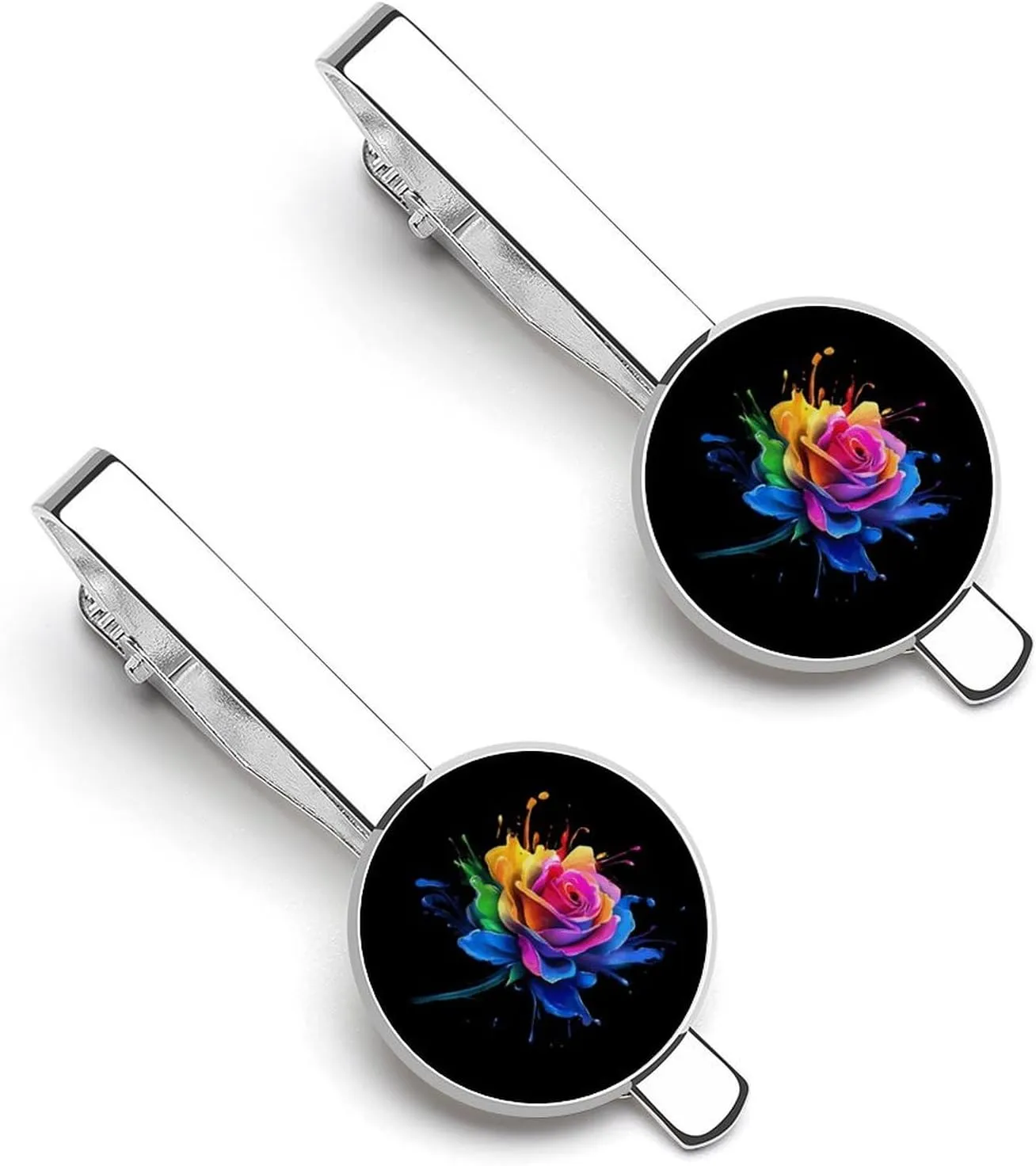 Colorful Paint Splash Rose 1 Pair Tie Clips Necktie Bar Pinch Clip for Wedding Business