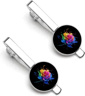 Colorful Paint Splash Rose 1 Pair Tie Clips Necktie Bar Pinch Clip for Wedding Business