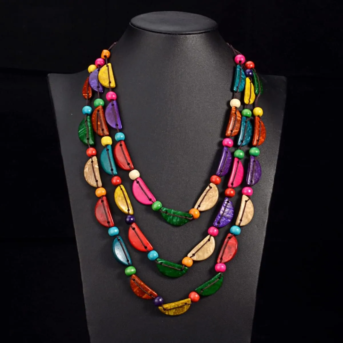 Colorful Wooden Beaded Bib Necklace for Women,Chunky Multicolor Layered Boho African Choker,Statement Jewelry