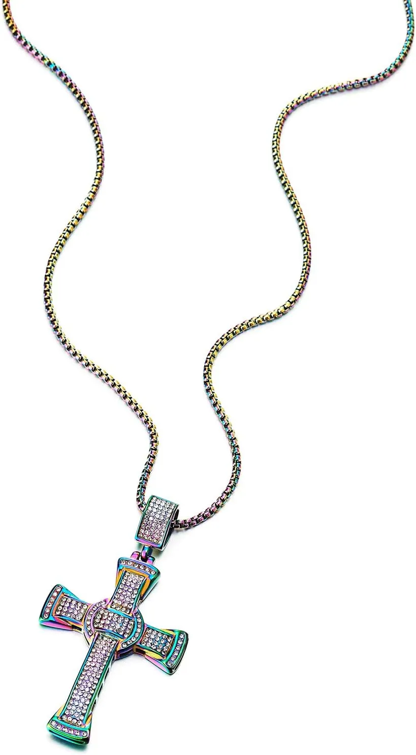 COOLSTEELANDBEYOND Mens Women Large Steel Cross Pendant Necklace with Cubic Zirconia and Rope Chain