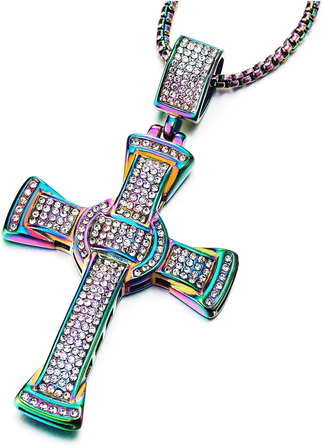 COOLSTEELANDBEYOND Mens Women Large Steel Cross Pendant Necklace with Cubic Zirconia and Rope Chain