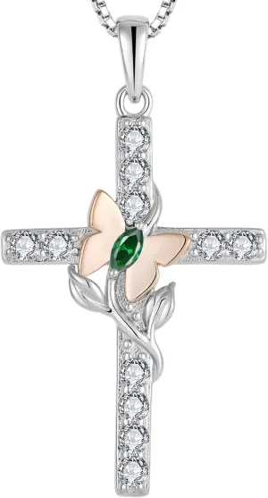 Cross Butterfly Flower Necklace for Women - Solid Sterling Silver 18K Gold Plated Halo Infinity Twisted Pendant Birthstone Anniversary Jewelry