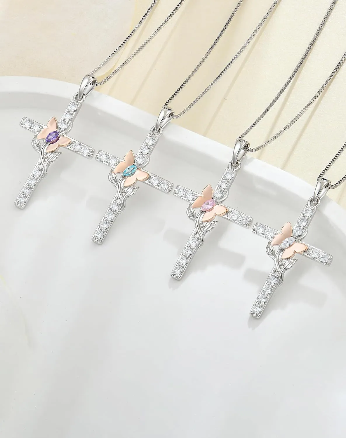 Cross Butterfly Flower Necklace for Women - Solid Sterling Silver 18K Gold Plated Halo Infinity Twisted Pendant Birthstone Anniversary Jewelry