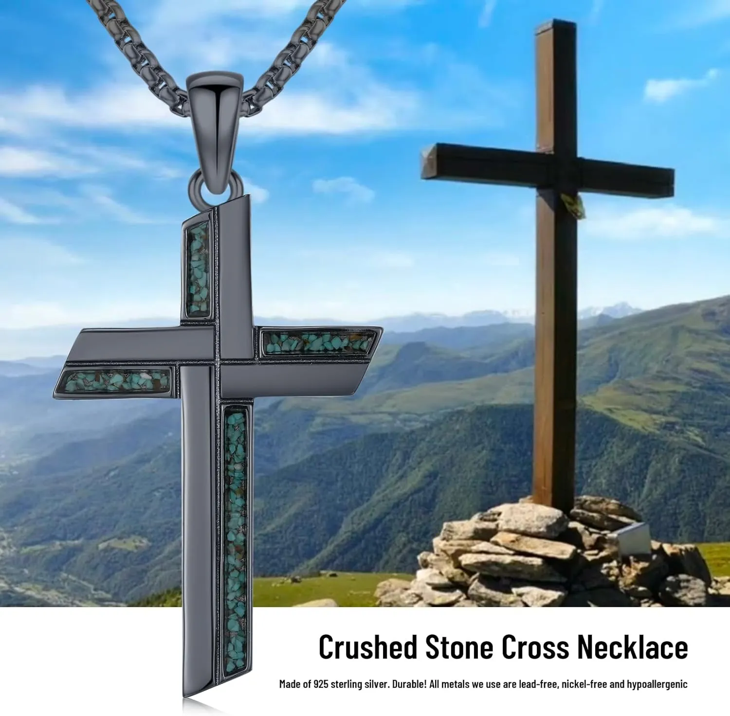 Cross Necklace for Men 925 Sterling Silver Turquoise Cross Pendant Necklace Religious Protection Jewelry Gifts for Women