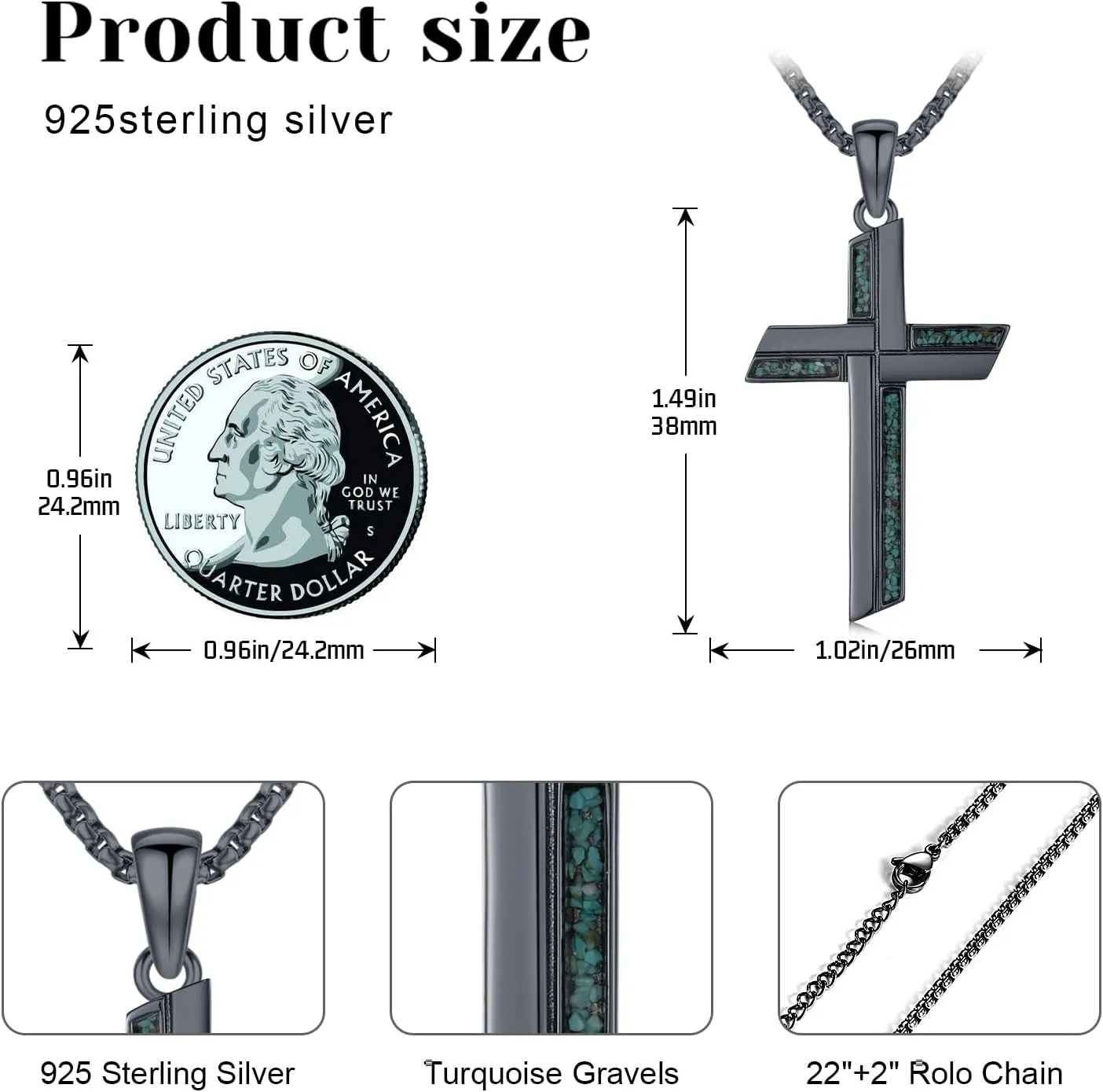 Cross Necklace for Men 925 Sterling Silver Turquoise Cross Pendant Necklace Religious Protection Jewelry Gifts for Women