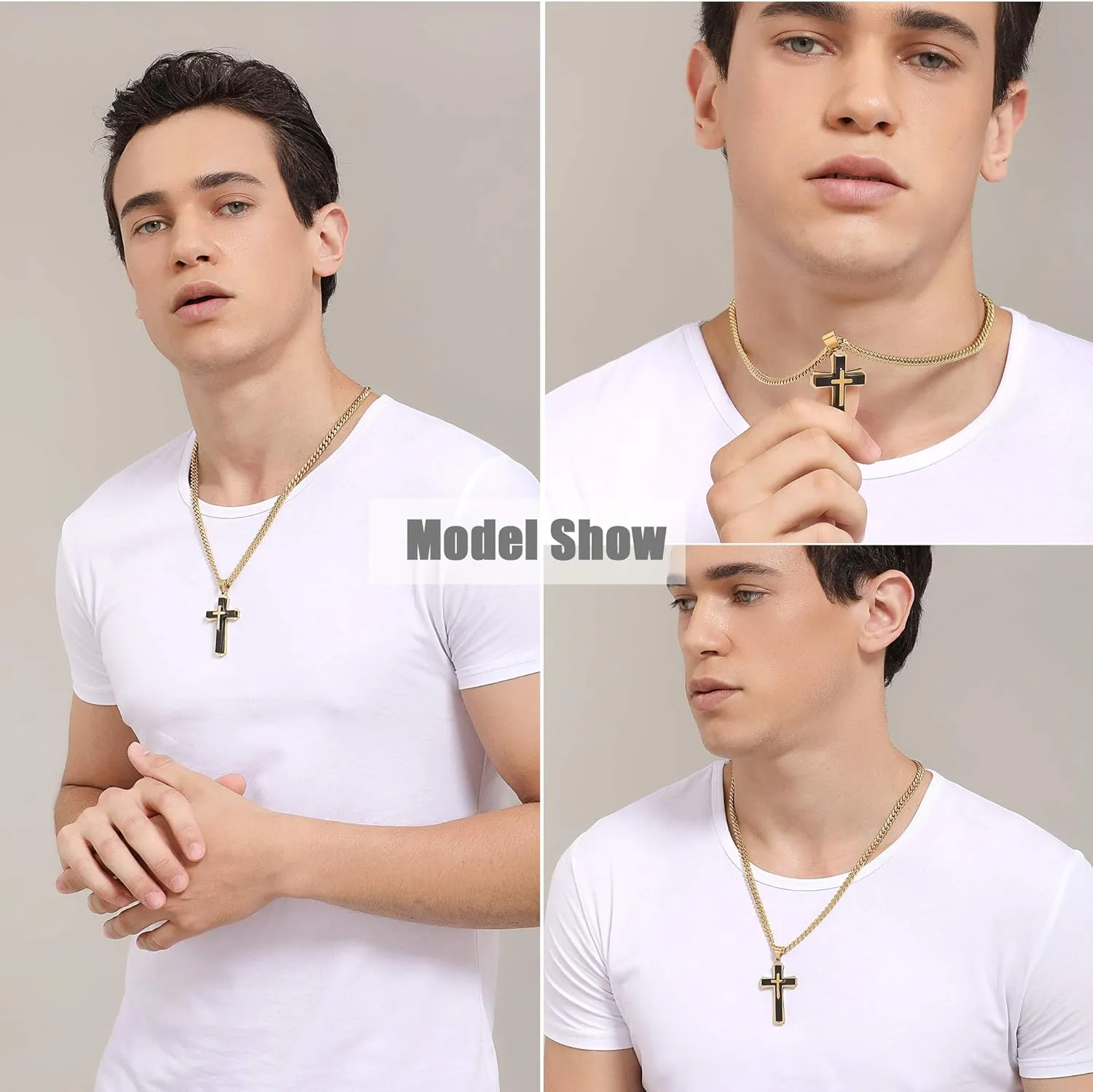 Cross Necklace for Men Boys Pendant Necklace Stainless Steel Double Cross Necklace with 24 inches Cuban Link Chain
