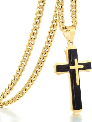 Cross Necklace for Men Boys Pendant Necklace Stainless Steel Double Cross Necklace with 24 inches Cuban Link Chain