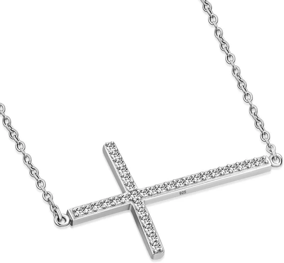 Cross Necklace for Women - 925 Sterling Silver Pendant  Dainty Pendant Necklace with Sideways Cross  Christian Chain Jewelry  Religious Cross Chain  Sterling Silver Pendant Necklace for Women