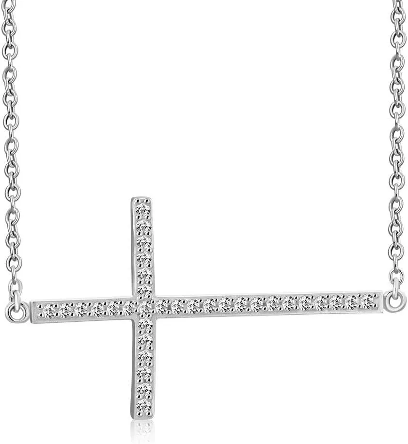Cross Necklace for Women - 925 Sterling Silver Pendant  Dainty Pendant Necklace with Sideways Cross  Christian Chain Jewelry  Religious Cross Chain  Sterling Silver Pendant Necklace for Women