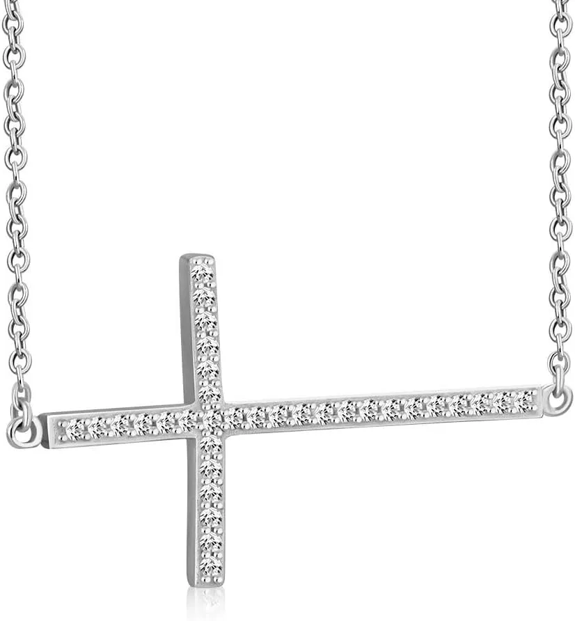 Cross Necklace for Women - 925 Sterling Silver Pendant  Dainty Pendant Necklace with Sideways Cross  Christian Chain Jewelry  Religious Cross Chain  Sterling Silver Pendant Necklace for Women