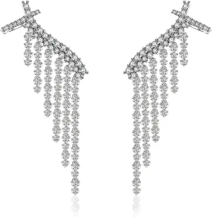 Crystal Ear Cuff Earrings for Women Fringe Piercing Ear Climber Earrings Cubic Zirconia Drop Dangle Ear Clip Wrap Jewelry Gift for Party