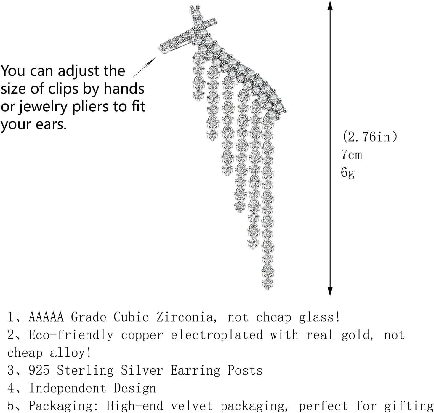 Crystal Ear Cuff Earrings for Women Fringe Piercing Ear Climber Earrings Cubic Zirconia Drop Dangle Ear Clip Wrap Jewelry Gift for Party