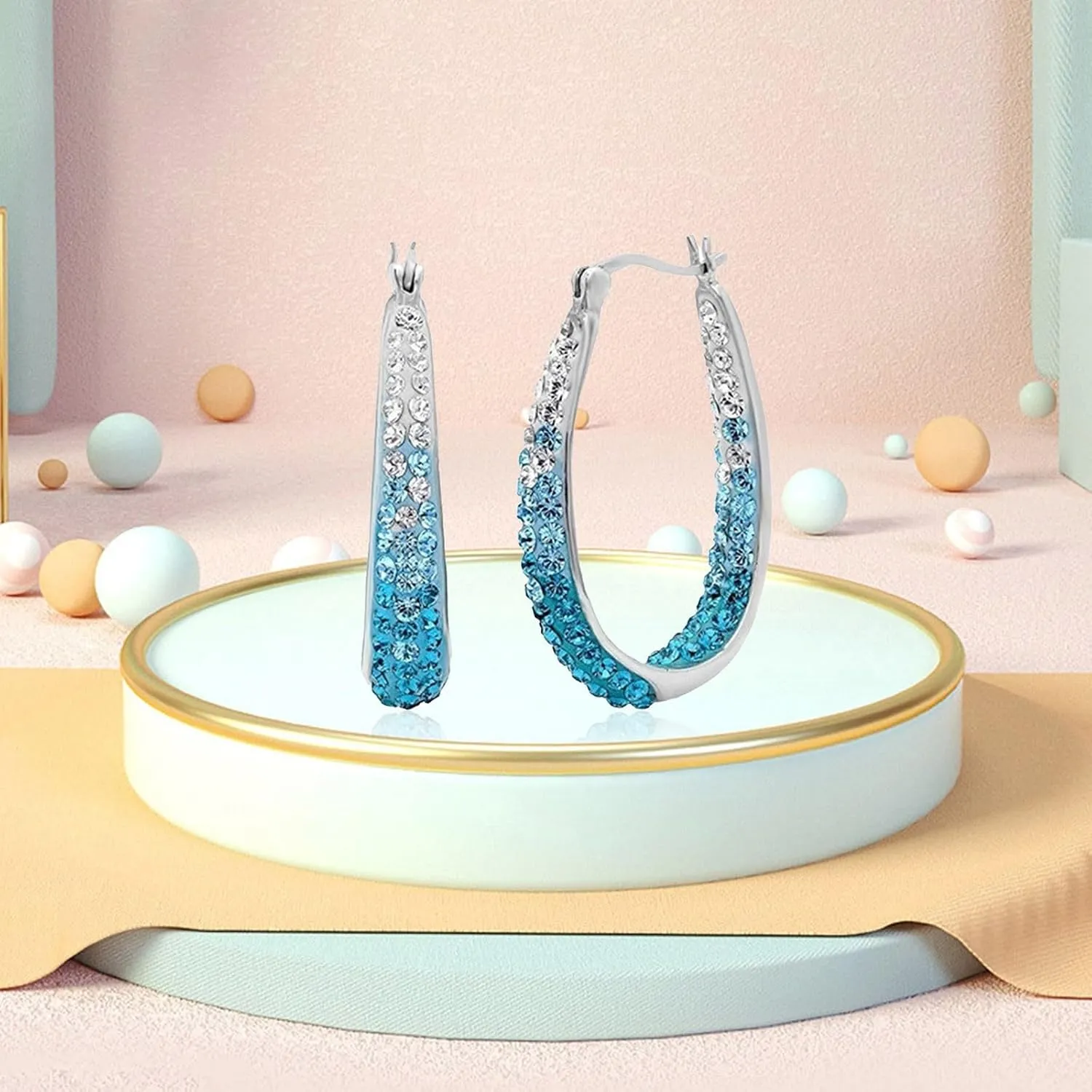 Crystal Hoop Earrings Silver Plated Inside Out Oval Shape Hoop Earrings for Women,Fashion Hypoallergenic Rhinestone Earrings