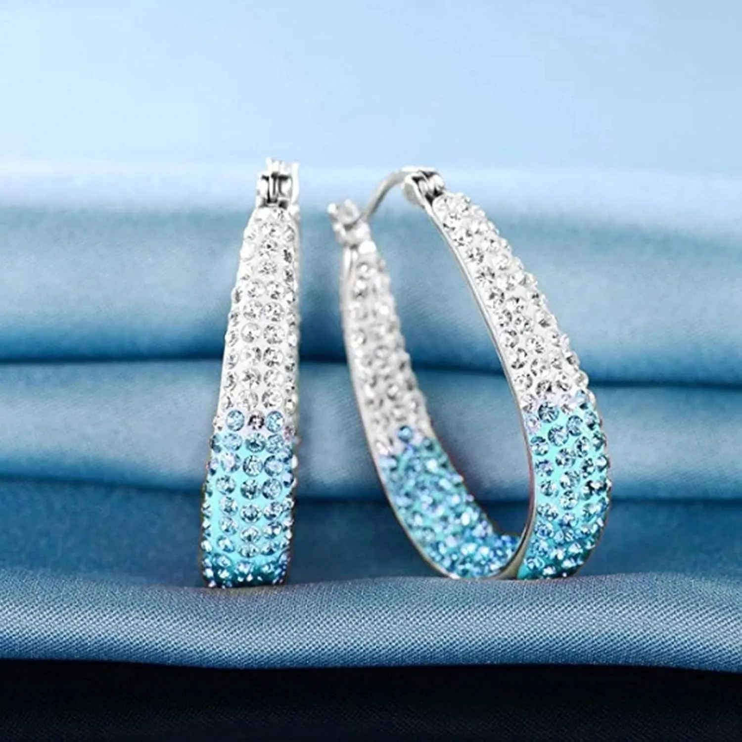 Crystal Hoop Earrings Silver Plated Inside Out Oval Shape Hoop Earrings for Women,Fashion Hypoallergenic Rhinestone Earrings
