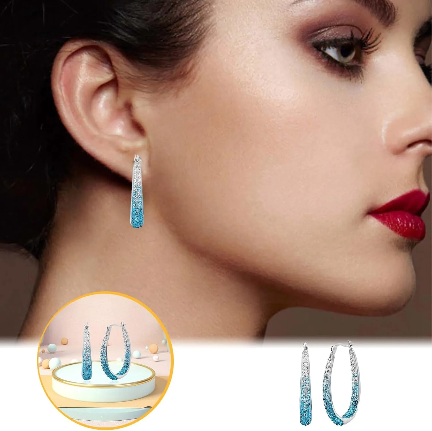 Crystal Hoop Earrings Silver Plated Inside Out Oval Shape Hoop Earrings for Women,Fashion Hypoallergenic Rhinestone Earrings