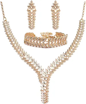 Crystal Necklace Earrings Bracelet Bridal Wedding Jewelry Set Rhinestone Necklace For Brides Bridesmaid Gold Prom Party Accessory Jewelry Set