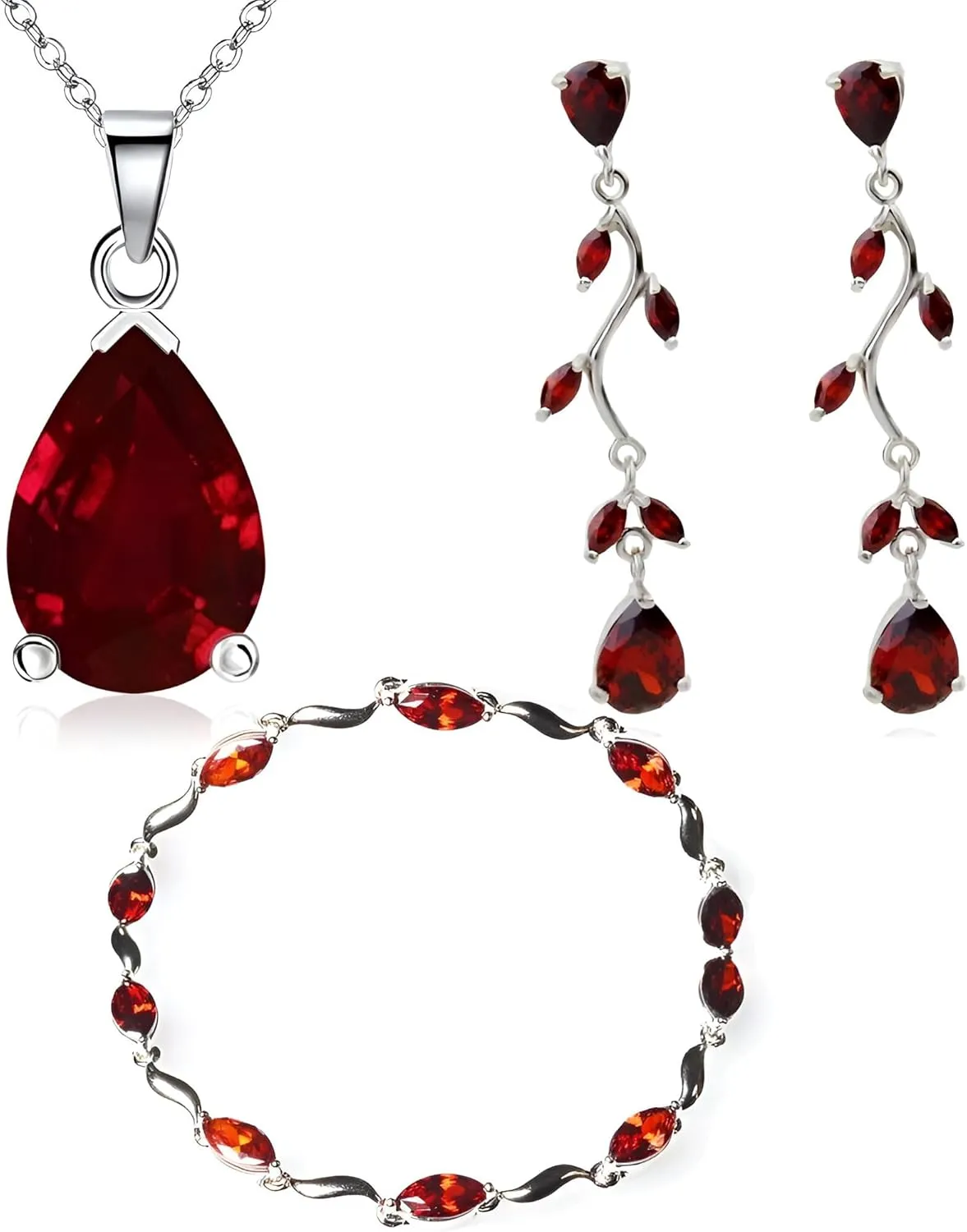 Crystalline Azuria Teardrops Set with Red Zirconia Crystals Necklace 18 inches Dangle Earrings Bracelet 18K White Gold Plated