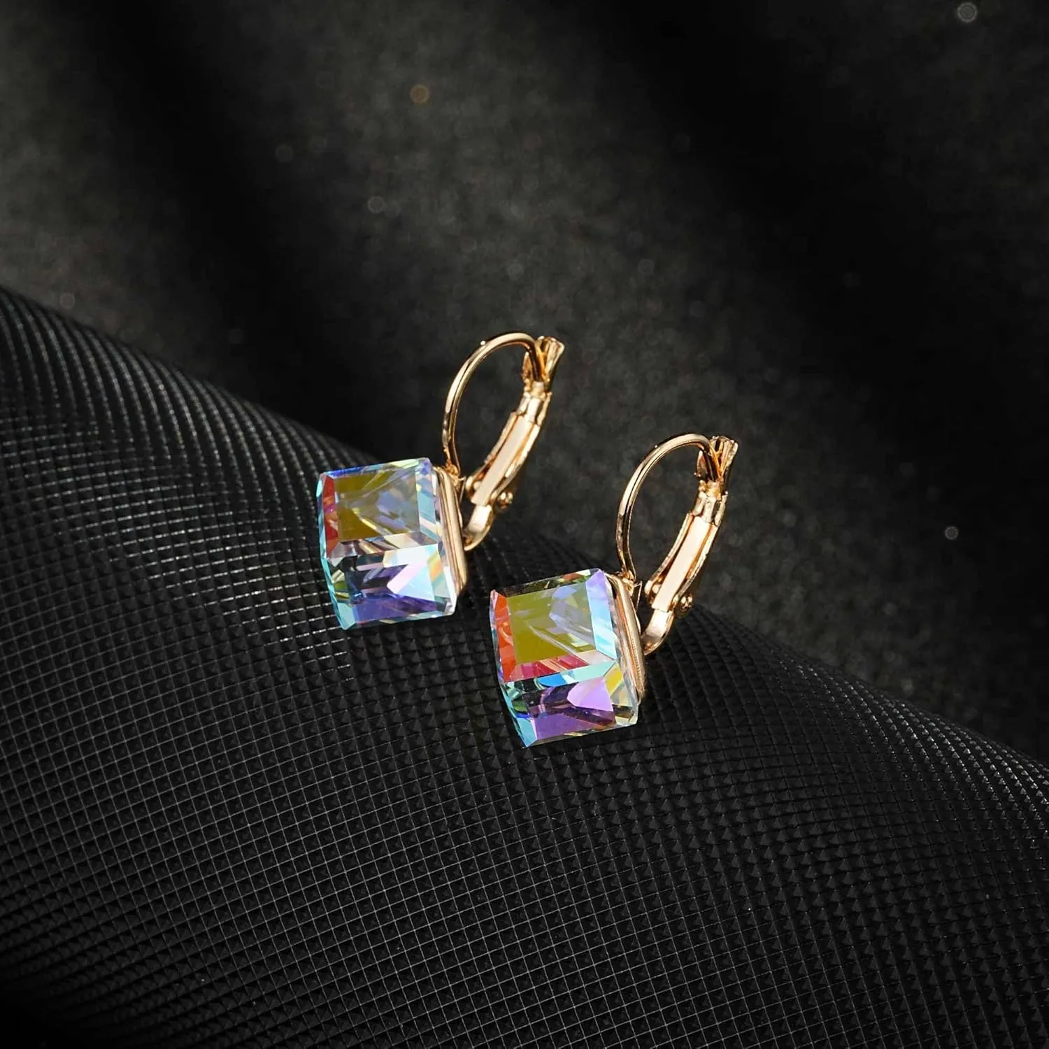 Cube Austrian Crystal Drop Leverback Earrings for Women Fashion 14K Rose Gold Plated Hypoallergenic Jewelry