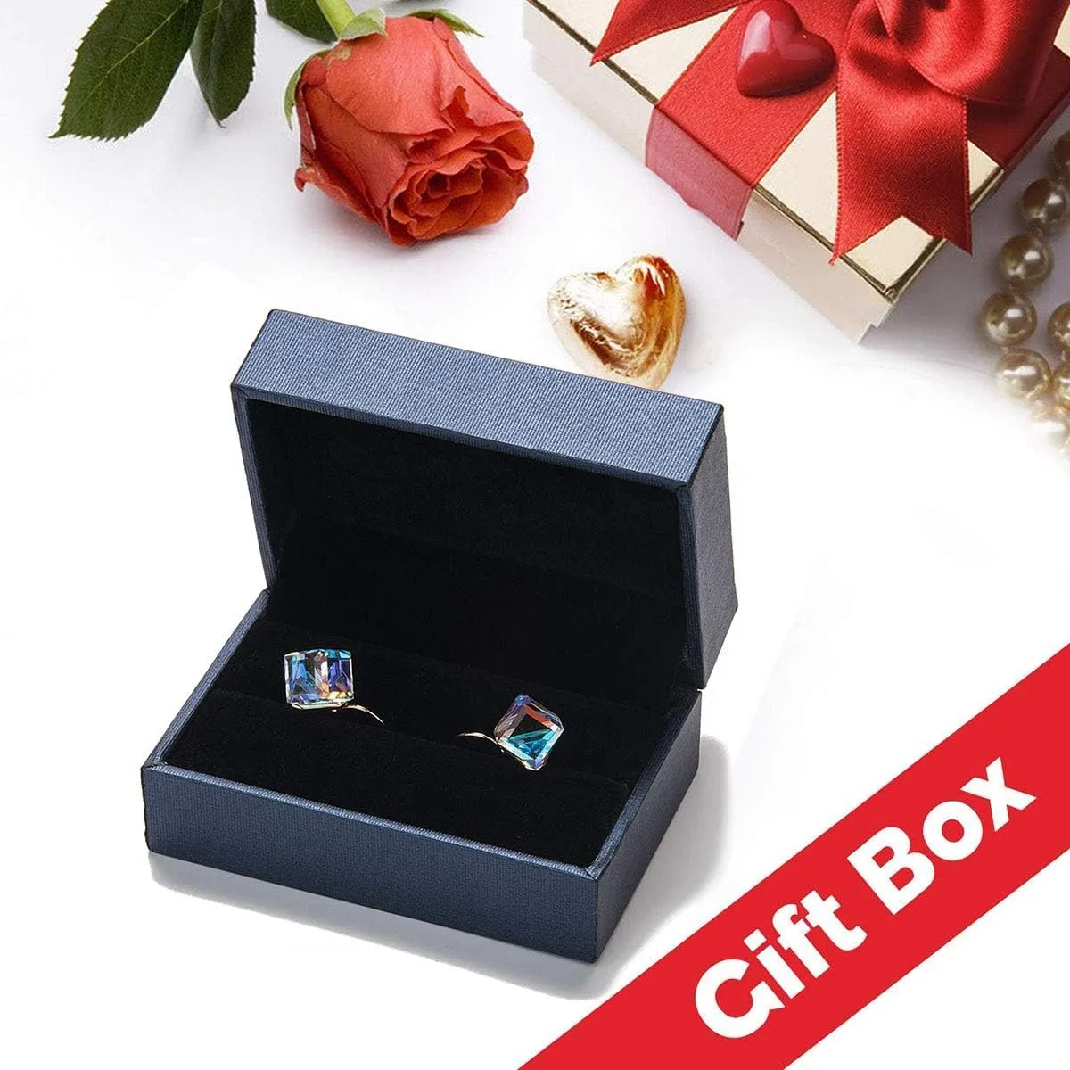 Cube Austrian Crystal Drop Leverback Earrings for Women Fashion 14K Rose Gold Plated Hypoallergenic Jewelry